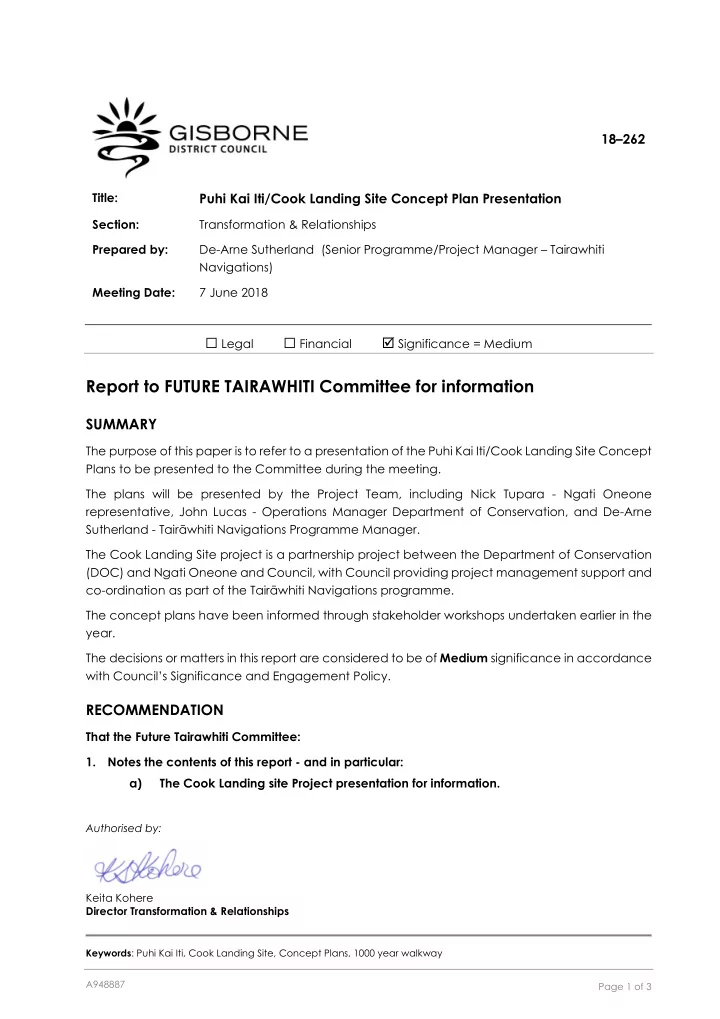 report to future tairawhiti committee for information