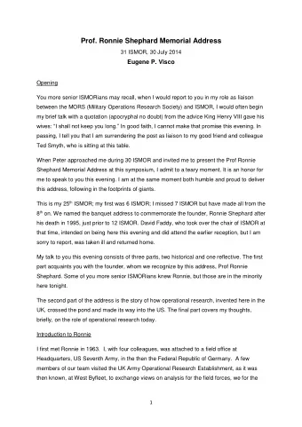 Prof. Ronnie Shephard Memorial Address  31 ISMOR, 30 July 2014  Eugene P. Visco  Opening  You more