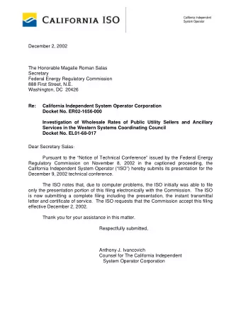 December 2, 2002  The Honorable Magalie Roman Salas  Secretary  Federal Energy Regulatory