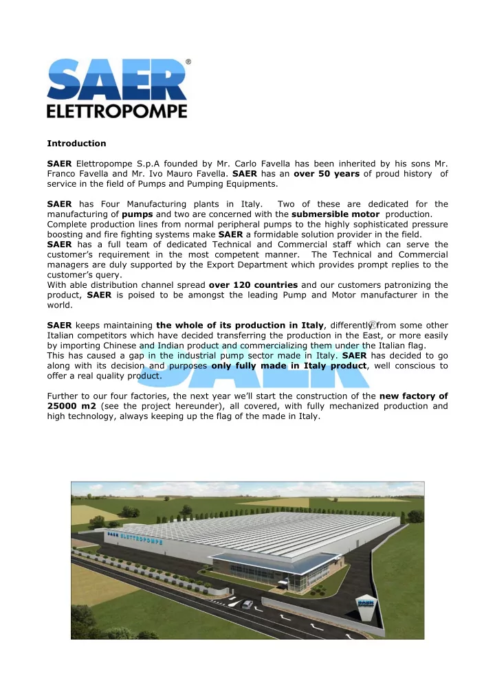 introduction saer elettropompe s p a founded by mr carlo
