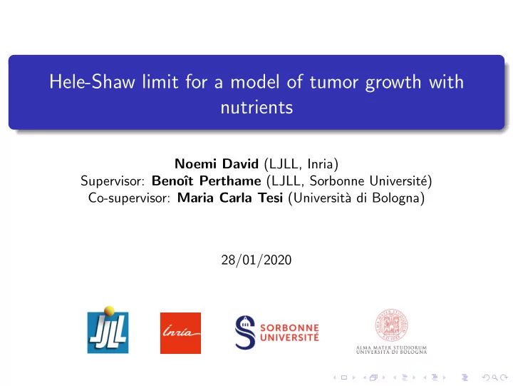hele shaw limit for a model of tumor growth with nutrients