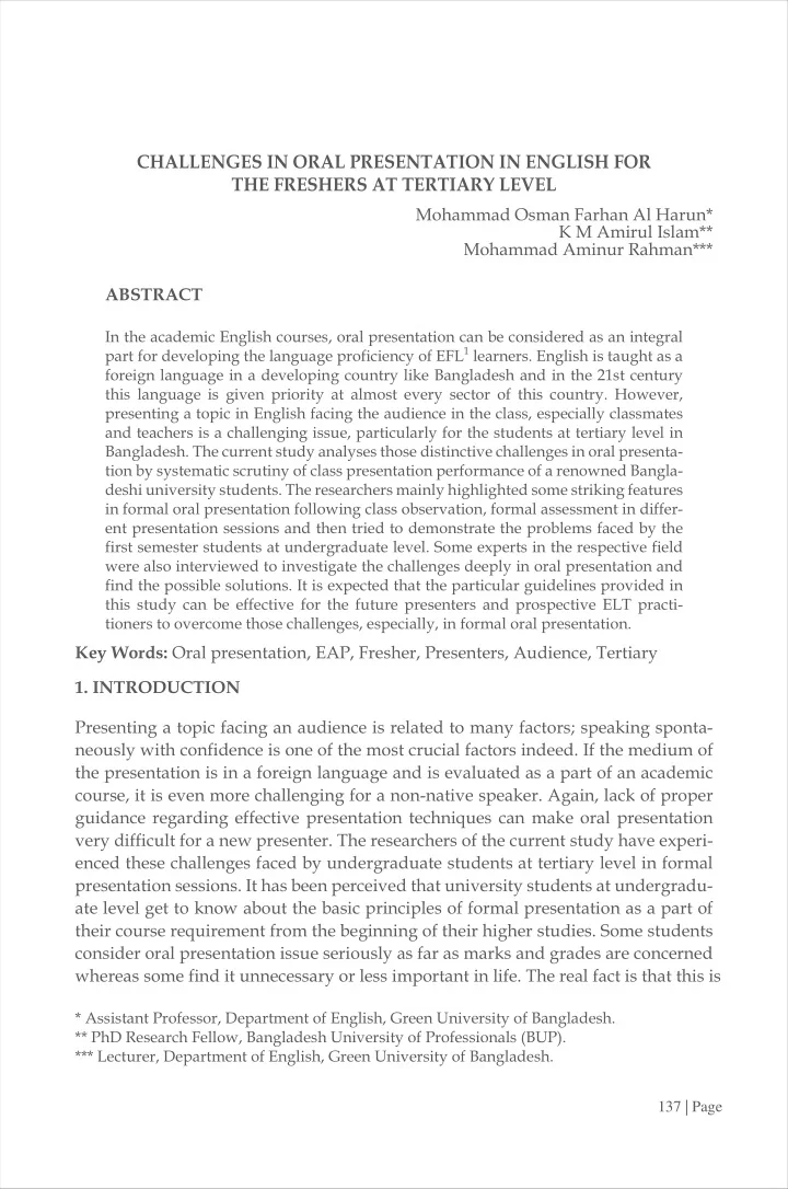 challenges in oral presentation in english for the