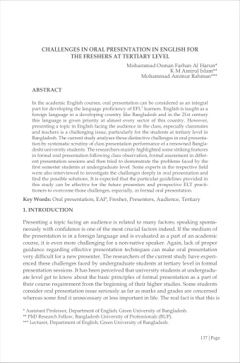 CHALLENGES IN ORAL PRESENTATION IN ENGLISH FOR  THE FRESHERS AT TERTIARY LEVEL  Mohammad Osman