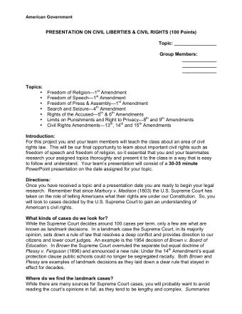 PRESENTATION ON CIVIL LIBERTIES &amp; CIVIL RIGHTS (100 Points)  Topic: ________________  Group