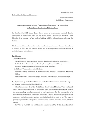 October 23, 2015  To Our Shareholders and Investors  Investor Relations  Asahi Kasei Corporation