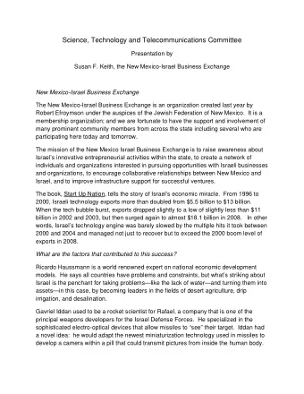 Science, Technology and Telecommunications Committee  Presentation by  Susan F. Keith, the New