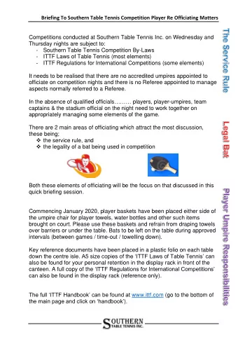 Briefing To Southern Table Tennis Competition Player Re Officiating Matters  Competitions conducted