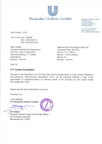 Hindustan Unilever Limited  SQ 2016 Results Presentation, 26th October 2016  1  Safe Harbor