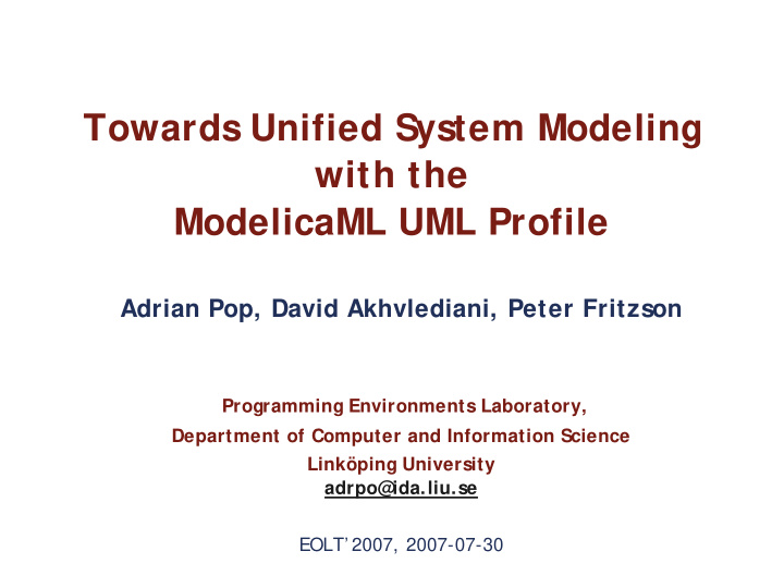 towards unified system modeling with the modelicaml uml
