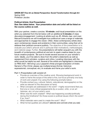 UHON 207 Fine Art as Global Perspective: Social Transformation through Art  Spring 2020  Professor