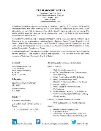 TRESI MOORE WEEKS  The Weeks Law Firm, PLLC  5600 Tennyson Parkway, Suite 105  Plano, Texas  75024