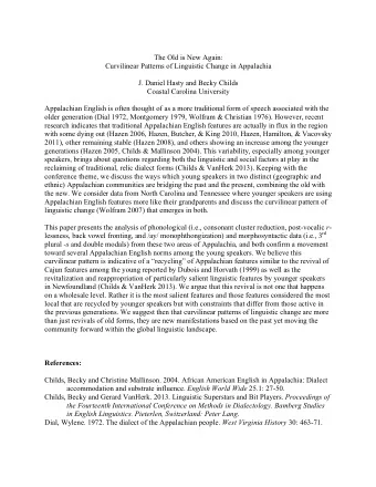 The Old is New Again:  Curvilinear Patterns of Linguistic Change in Appalachia  J. Daniel Hasty and
