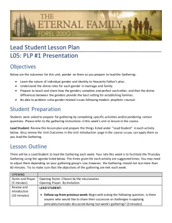 Lead Student Lesson Plan L05: PLP #1 Presentation  Objectives  Below are the outcomes for this