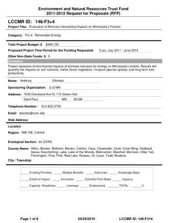 LCCMR ID: 146-F3+4  Project Title:  Evaluation of Biomass Harvesting Impacts on Minnesotas