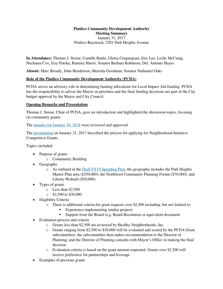 pimlico community development authority meeting summary
