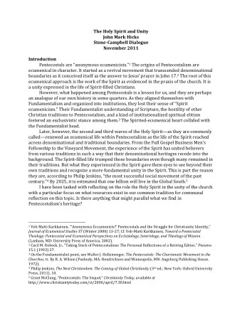 The Holy Spirit and Unity  John Mark Hicks  Stone-Campbell Dialogue  November 2011  Introduction