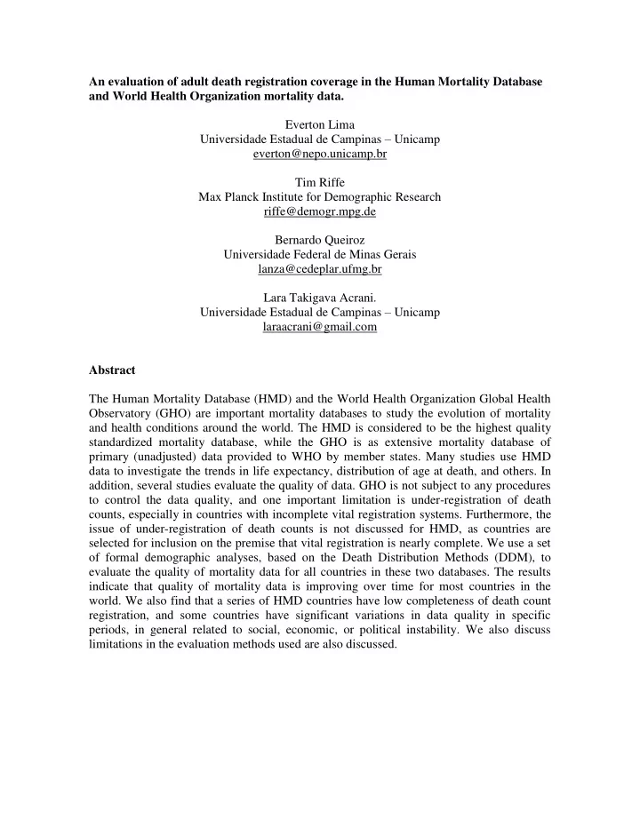 an evaluation of adult death registration coverage in the