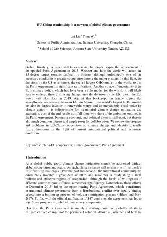 EU-China relationship in a new era of global climate governance Lei Liu a , Tong Wu b a School of