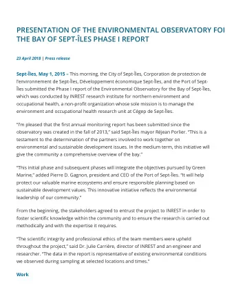 PRESENTATION OF THE ENVIRONMENTAL OBSERVATORY FOR  THE BAY OF SEPT-LES PHASE I REPORT 23 April