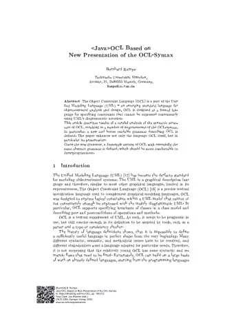 [Rum02b] B. Rumpe.  Java-OCL Based on New Presentation of the OCL-Syntax.  In: Object Modeling with