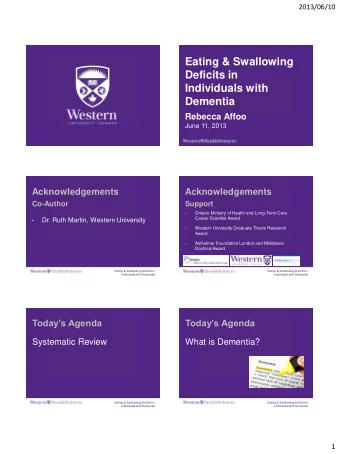 Eating &amp; Swallowing  Deficits in  Individuals with  Dementia  Rebecca Affoo  June 11, 2013