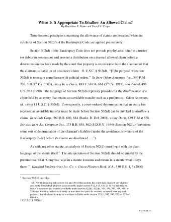 When Is It Appropriate To Dis allow An Allowed Claim?  By Geraldine E. Ponto and David N. Crapo