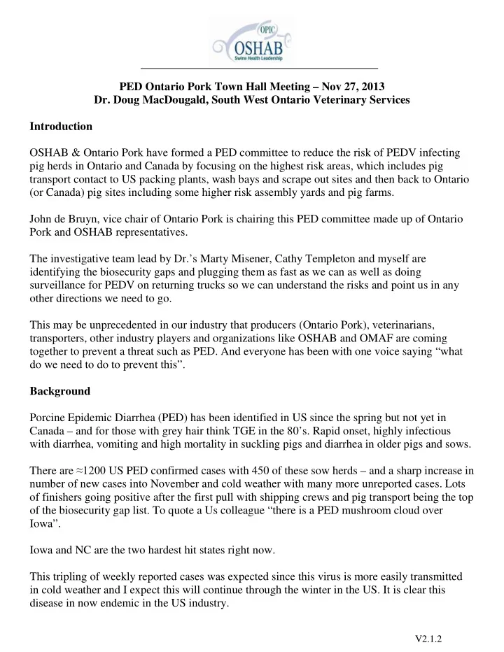 ped ontario pork town hall meeting nov 27 2013 dr doug