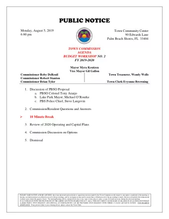 PUBLIC NOTICE  Monday, August 5, 2019  Town Community Center  6:00 pm  90 Edwards Lane  Palm Beach