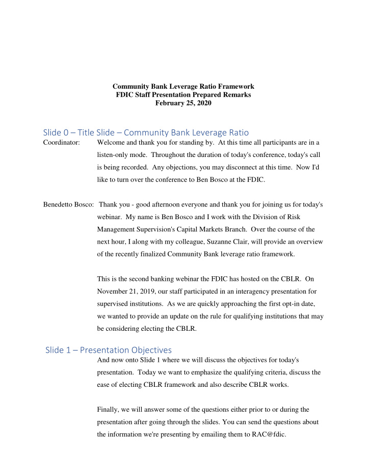 slide 0 title slide community bank leverage ratio
