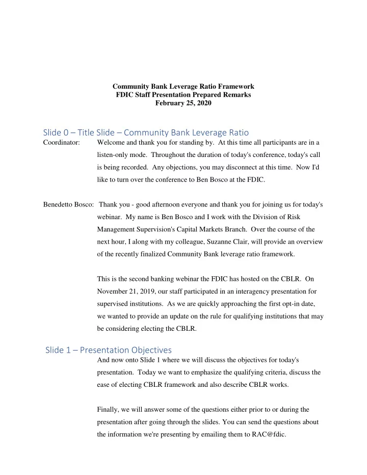 slide 0 title slide community bank leverage ratio