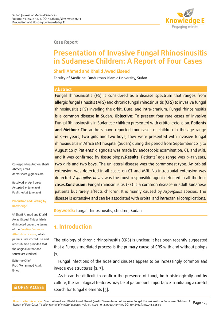 presentation of invasive fungal rhinosinusitis in