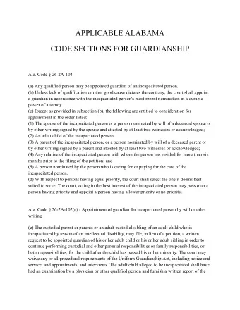 APPLICABLE ALABAMA  CODE SECTIONS FOR GUARDIANSHIP  Ala. Code  26-2A-104  (a) Any qualified