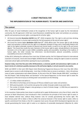 A DRAFT PROTOCOL FOR THE IMPLEMENTATION OF THE HUMAN RIGHTS TO WATER AND SANITATION The context