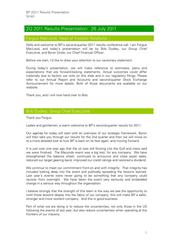 2q 2011 results presentation 26 july 2011