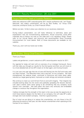 2Q 2011 Results Presentation:  26 July 2011  Fergus MacLeod, Head of Investor Relations  Hello and