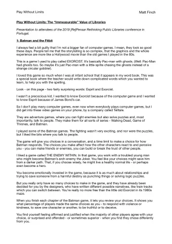 Matt Finch  Play Without Limits: The Immeasurable Value of Libraries  Presentation to