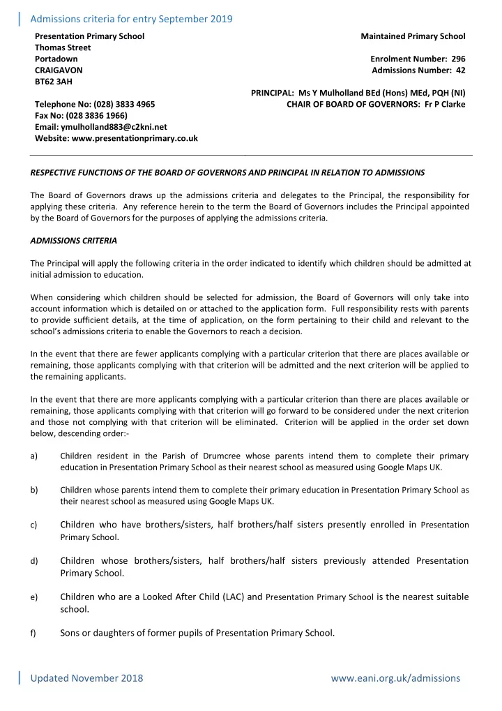admissions criteria for entry september 2019