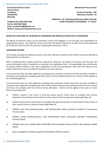 Admissions criteria for entry September 2019  Presentation Primary School  Maintained Primary