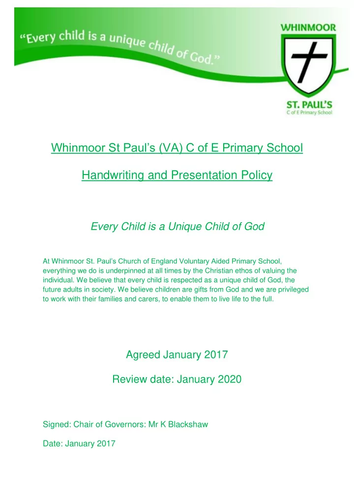 whinmoor st paul s va c of e primary school handwriting