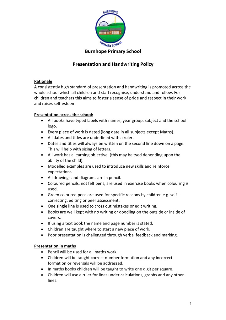 burnhope primary school presentation and handwriting