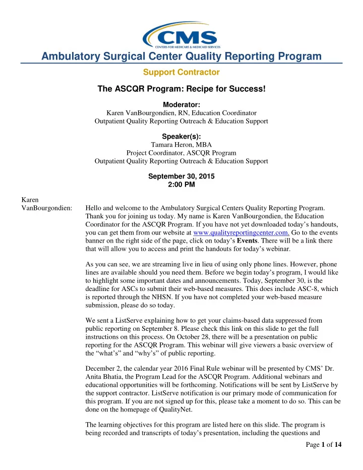 ambulatory surgical center quality reporting program