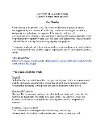 University of Colorado Denver  Office of Grants and Contracts  Cost Sharing  Cost Sharing is the