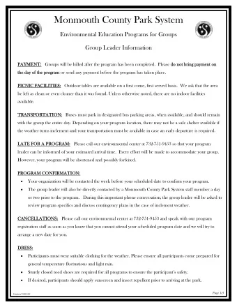 Monmouth County Park System  Environmental Education Programs for Groups  Group Leader Information