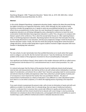 Article 1: Naumburg, Margaret. 1928. &quot;Progressive Education.&quot; Nation 126, no. 3273: 344.