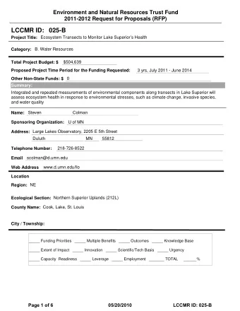 LCCMR ID: 025-B  Project Title:  Ecosystem Transects to Monitor Lake Superiors Health  Category: