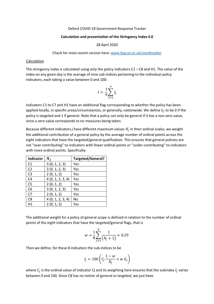 oxford covid 19 government response tracker calculation
