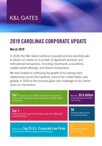 2019 CAROLINAS CORPORATE UPDATE  March 2019  In 2018, the K&amp;L Gates Carolinas corporate
