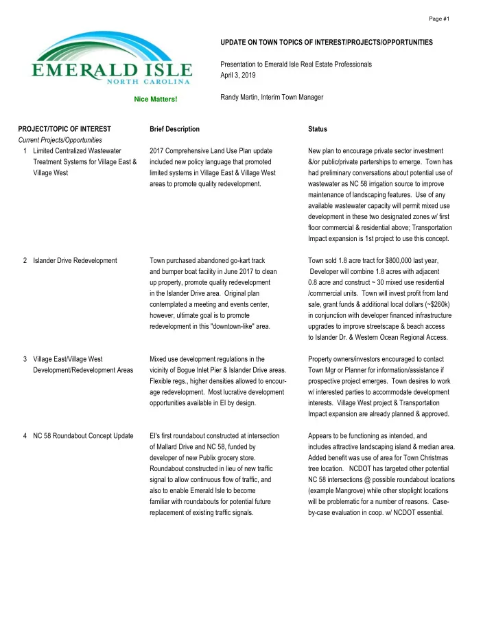 update on town topics of interest projects opportunities