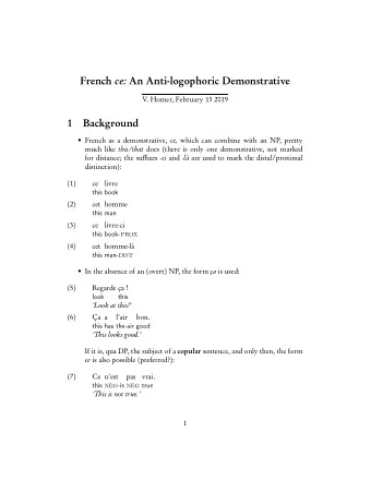 French ce: An Anti-logophoric Demonstrative  V. Homer, February 13 2019  1  Background  French