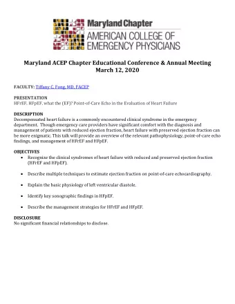 Maryland ACEP Chapter Educational Conference &amp; Annual Meeting  March 12, 2020 FACULTY: Tiffany